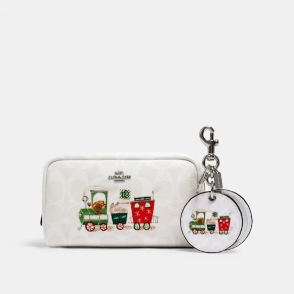 Small Boxy Cosmetic Case And Mirror Bag Charm In Signature Canvas With Train
